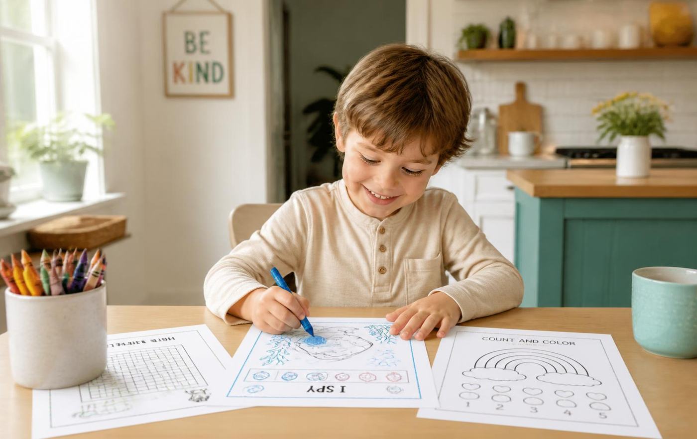 Child at a kitchen table happily completing a NeuroPanda printable activity pack
